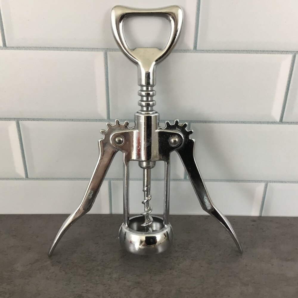 Vintage Corkscrew & Bottle Opener Chrome Finish Italy Dual-Function